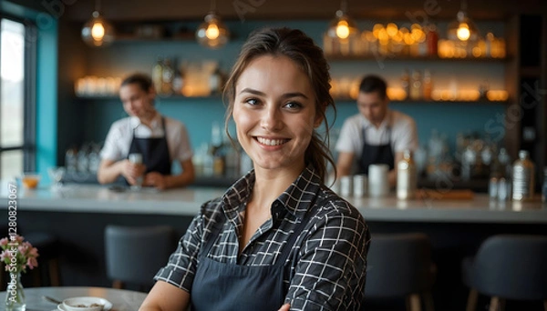 Fototapeta A hotel lounge and restaurant where hospitality meets elegance. A polished waitress with a friendly smile stands in the foreground, radiating confidence and professionalism.