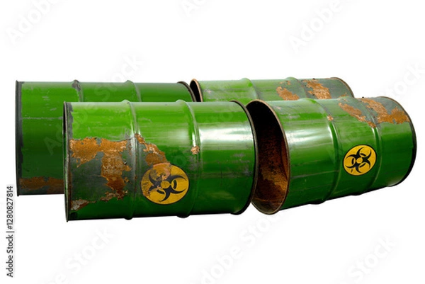 Fototapeta Barrel with toxic waste. Biohazard warning sign. Rusty dangerous barrel with pathogens, or other toxins on isolated background