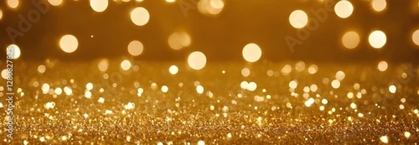 Obraz Gold Sparkling Lights Festive background with texture. Abstract Christmas twinkled bright bokeh defocused and Falling stars. Winter Card or invitation)