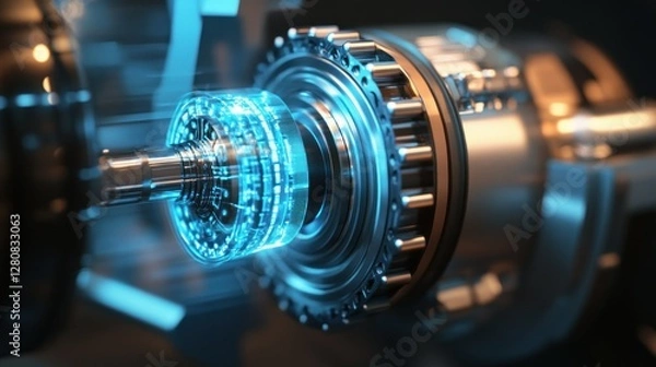 Fototapeta High-tech engine component with holographic display, showcasing intricate mechanics and innovation