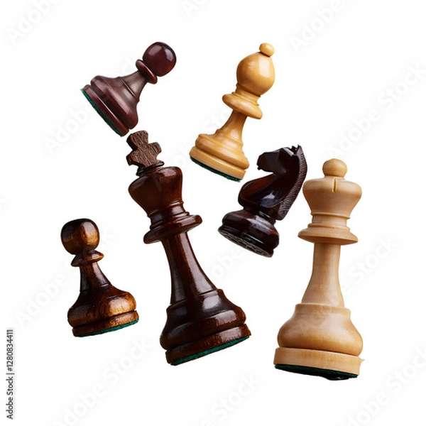 Fototapeta Falling chess pieces on the board isolated on transparent background