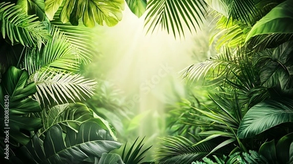 Obraz Lush Green Tropical Jungle with Sunlight Streaming Through Dense Foliage
