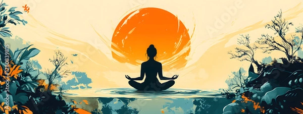 Fototapeta A flat vector illustration of a woman meditating in a lotus position on the planet Earth
