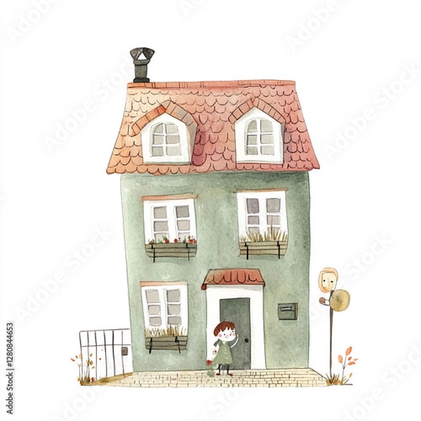 Obraz Big House in Minimal Style - Isolated Watercolor Illustration of a Spacious Home Surrounded by Nature Perfect for Modern Design and Artistic Decor