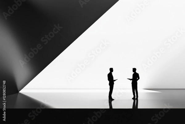 Fototapeta Two silhouetted figures engaged in negotiation within a modern architectural space during a bright day. Generative AI