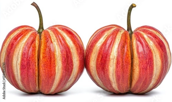 Fototapeta Two vibrant striped pumpkins with rich colors, set against a clean white background, ideal for fall decor