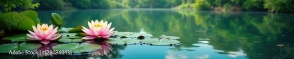 Fototapeta Quiet lagoon with water lilies and lotus flowers, peaceful, serene landscape, calm
