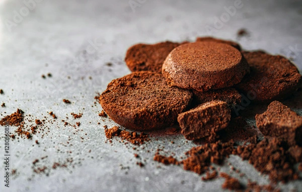 Fototapeta Close-up of coffee grounds from espresso machine. coffee ground on gray background