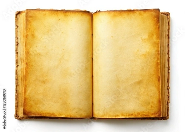 Fototapeta Isolated on white, a high-resolution aerial shot reveals an antique book's blank, yellowed pages spread open.