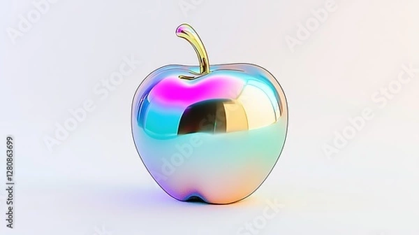 Fototapeta 3D Rendered Metallic Apple with Rainbow Chrome Finish and Gold Stem on White Background. Modern, Luxurious, and Technological Aesthetic