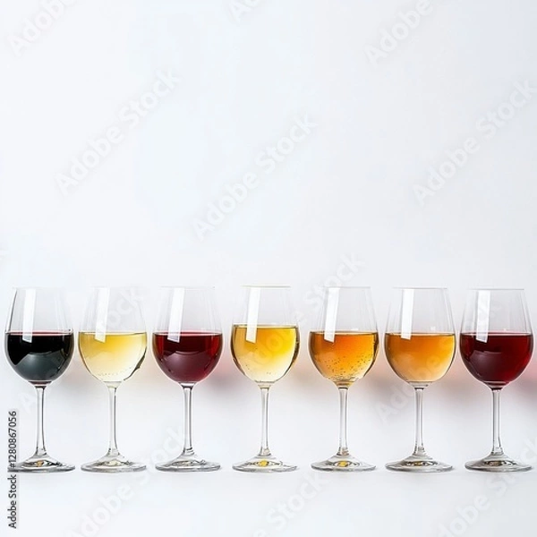 Obraz Assorted Wines Displayed in Stemware on White Background for Tasting Event