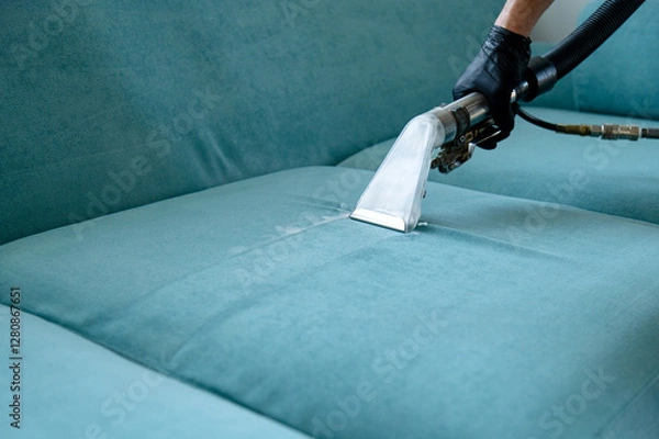 Fototapeta Professional cleaning of a blue sofa using a steam extraction machine in a cozy living room setting