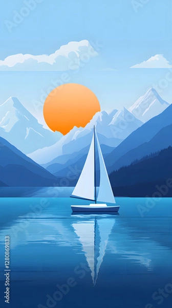 Fototapeta A flat illustration of the sea, with sailboats on it and mountains in the distance
