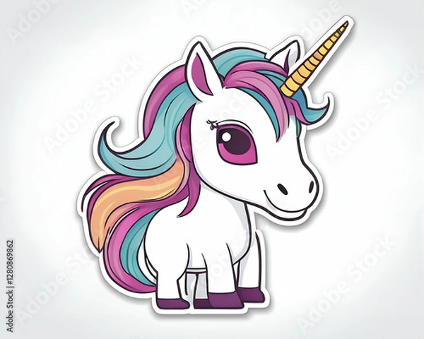 Fototapeta Cute Cartoon Unicorn with Multicolored Mane and Tail. on white background