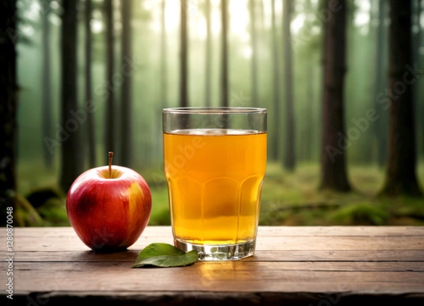 Obraz Apple natural juice on a background of nature. A glass of apple juice and red apples. Ecologically pure juice. Harvest of red apples.

