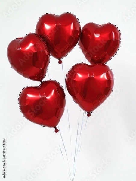 Fototapeta A collection of red heart balloons floating against a simple background.