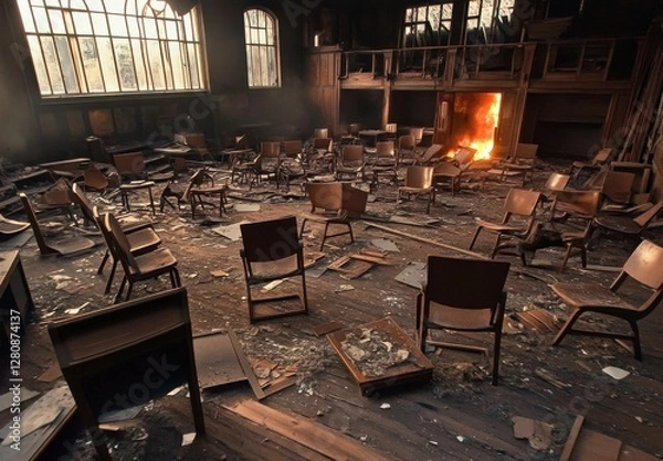 Fototapeta Devastated Classroom Interior View after a Fire Disaster with Charred Furniture