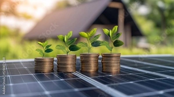 Obraz stack of golden coins on a solar panel topped with a green plant, symbolizing economic growth, business investment, energy savings, and sustainable development