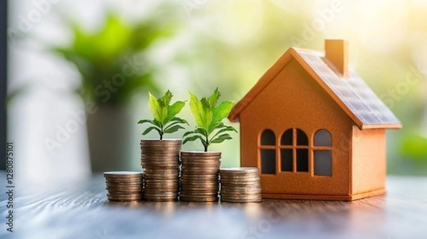 Obraz small home model on a wooden table beside stacks of coins topped with a green plant, symbolizing economic growth, housing investment, and financial success
