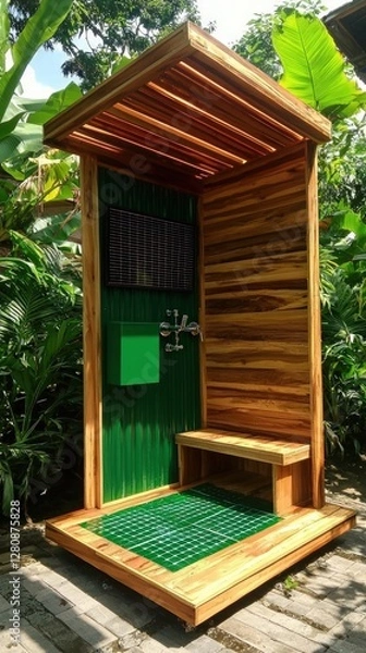 Fototapeta Modern Outdoor Shower Structure Surrounded by Lush Greenery in a Tropical Garden Setting