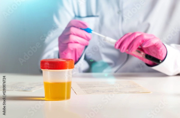 Fototapeta Doctor laboratory assistant in pink gloves performs research against the background of urine analysis. Concept of testing urine for sand and hematuria. Kidney disease. Copy space for text