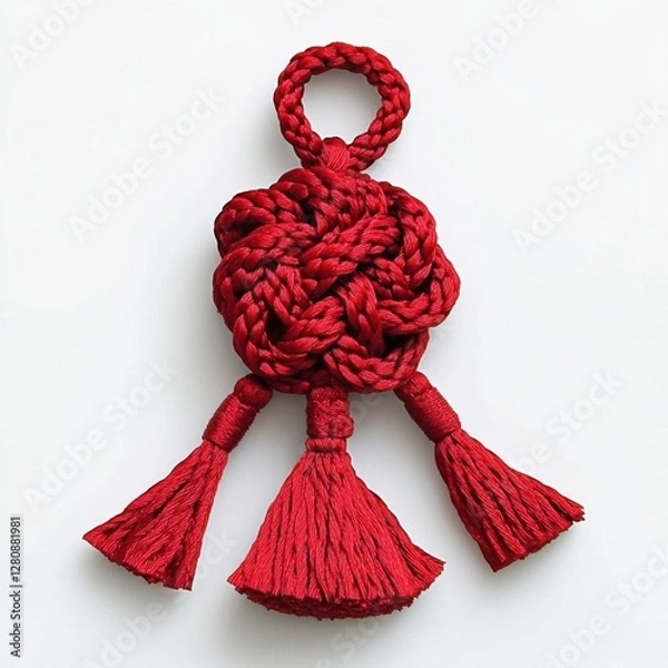 Obraz Handmade Decorative Red Knot Tassel with Intricate Woven Design on White Background