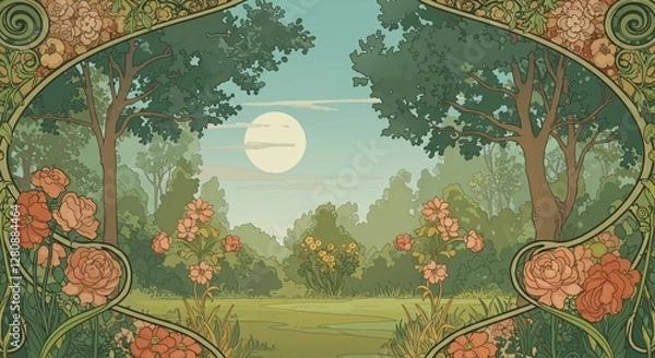 Obraz Art Nouveau garden illustration with a full moon.