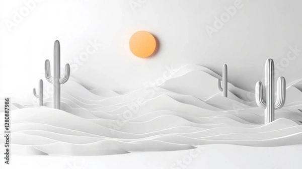 Obraz Minimalist White Desert Landscape with Geometric Cacti and Orange Sun Illustration