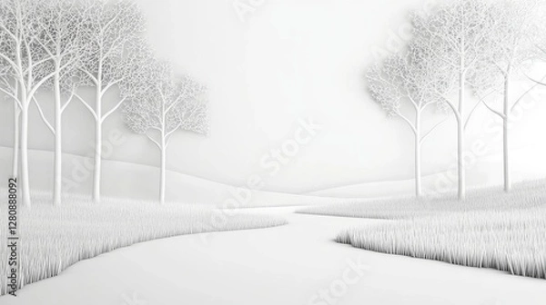 Obraz Minimalist White Paper Cut Landscape with Trees Meadow and Serene Background
