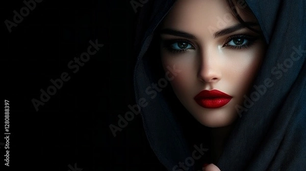Fototapeta In the dim light of night, a mysterious woman cloaked in shadows captivates with her striking red lips and penetrating gaze, embodying an aura of mystery and allure that ignites curiosity