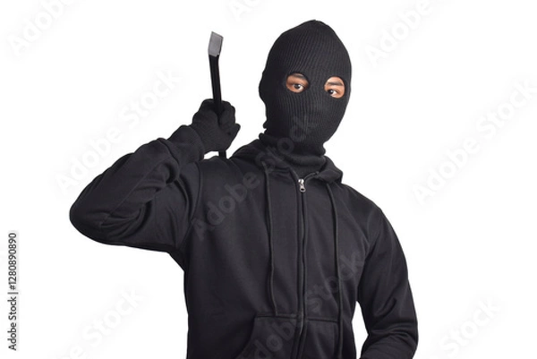 Fototapeta Thief wearing black jacket and mask holding crowbar, isolated on white background.