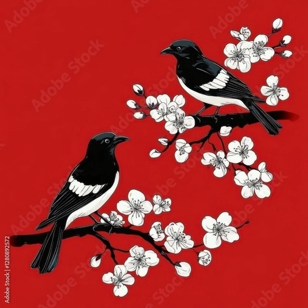 Obraz Pair of Magpies on Blossoming Branch Against a Striking Red Background Illustration