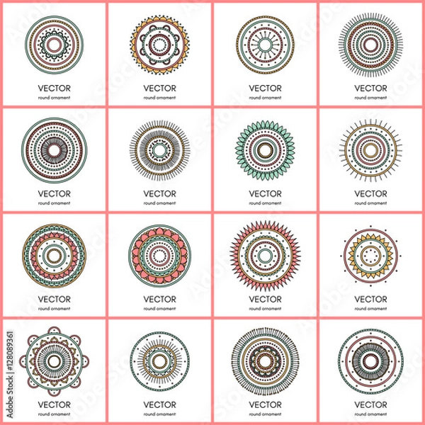 Fototapeta Collection of 16 simple mandalas. Round ornament pattern set.