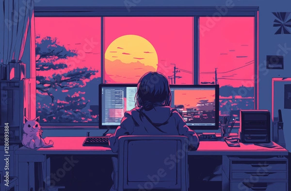 Obraz Cyberpunk workspace with programmer working at dual monitors during sunset
