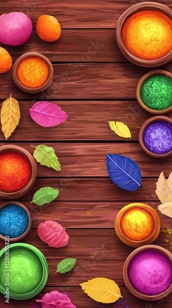 Fototapeta Flat Lay of Holi Festival Essentials with Colors and Sweets, Holi 