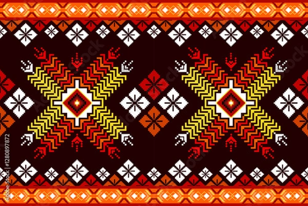 Fototapeta Pixel ethnic pattern oriental traditional. design fabric pattern textile African Indonesian Indian seamless Aztec style abstract vector illustration for print clothing, texture, fabric, wallpaper, dec