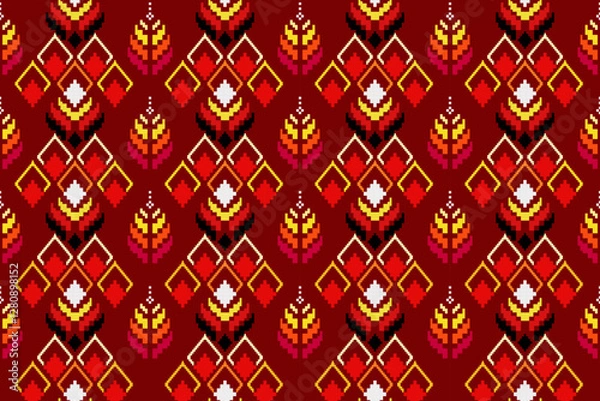 Fototapeta Pixel ethnic  pattern oriental traditional. Design fabric pattern textile African, Aztec African America Indian seamless. Floral pixel art pattern on navy background  vector illustration