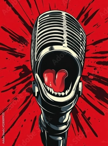 Fototapeta Retro Microphone with Open Mouth and Red Tongue on Red Burst Background