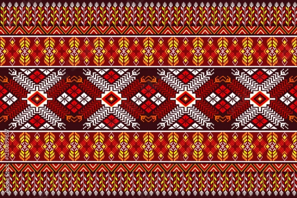 Fototapeta Pixel ethnic  pattern oriental traditional. Design fabric pattern textile African, Aztec African America Indian seamless. Floral pixel art pattern on navy background  vector illustration
