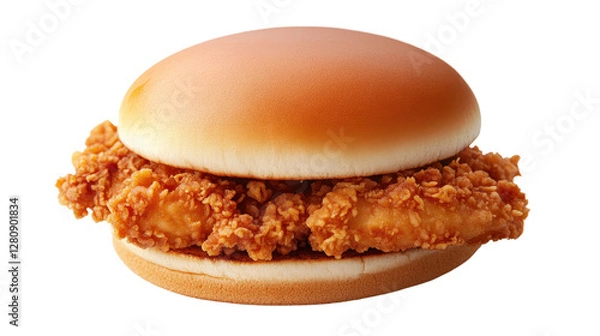 Fototapeta Crispy chicken sandwich, golden bun with fried chicken fillet, savory and satisfying, perfect for lunch or a quick snack. Isolated on white background or PNG