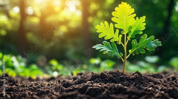 Fototapeta A close-up of a vibrant oak sapling planted in rich soil, warm golden sunlight filtering through lush green leaves, soft blurred forest background