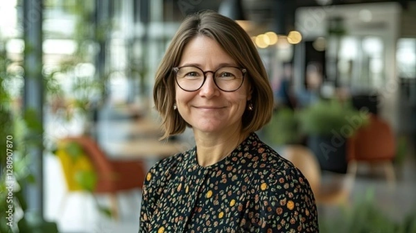 Fototapeta A happy businesswoman, head and shoulders portrait, wearing glasses, standing in a modern office, soft window light from left