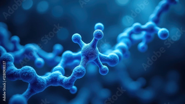 Fototapeta Close-up microscopic view of semaglutide molecules against a blue background, highlighting its molecular structure and complex interactions.