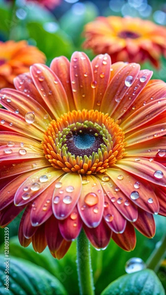 Fototapeta A Gerbera daisy with extra wide flat petals that create large drops of water