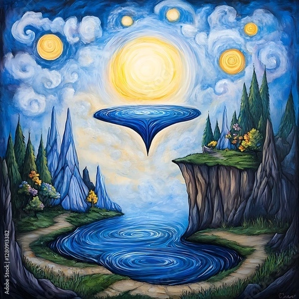 Fototapeta Whimsical Fantasy Landscape Painting with Blue Lake and Floating Island
