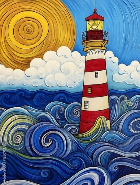 Fototapeta Whimsical Lighthouse Painting Red and White Tower in Blue Ocean Waves Under a Bright Yellow Sun