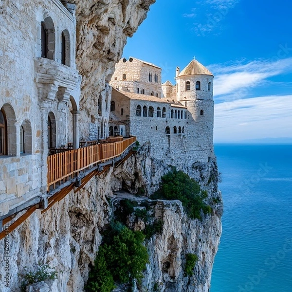 Fototapeta White Cliffside Building Complex Overlooking Ocean