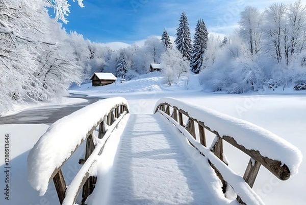 Fototapeta Winter Scene with Snow Covered Wooden Bridge Cabin and Trees under Blue Sky