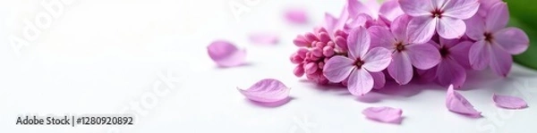 Fototapeta Delicate lilac blooms scattered on a pure white surface, showcasing their intricate details and gentle hues, spring, nature, clean