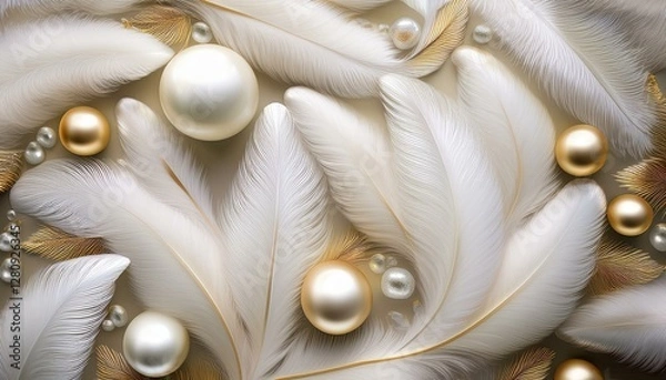 Obraz An ethereal seamless pattern showcasing soft white swan feathers, glowing golden eggs, and shimmering accents, creating a magical and serene atmosphere with delicate elegance.
